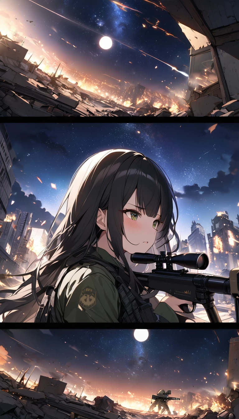 Highest quality, Highest quality, 16K, Unbelievably absurd, Very detailed, delicate and dynamic, Natural light, The particles reflect light, Diffuse reflection of light, Vortex of Light, war zone, bombs blusting around, dark outfield, ruined big city, roof top of ruined building, moon night, milky way, illumination, Create amazing image effects, Upper body close-up, (sole sexy girl, big Firm bust, , powerful, A professional sniper,, shooting a target with M16 auto rifle, swat uniform,)

