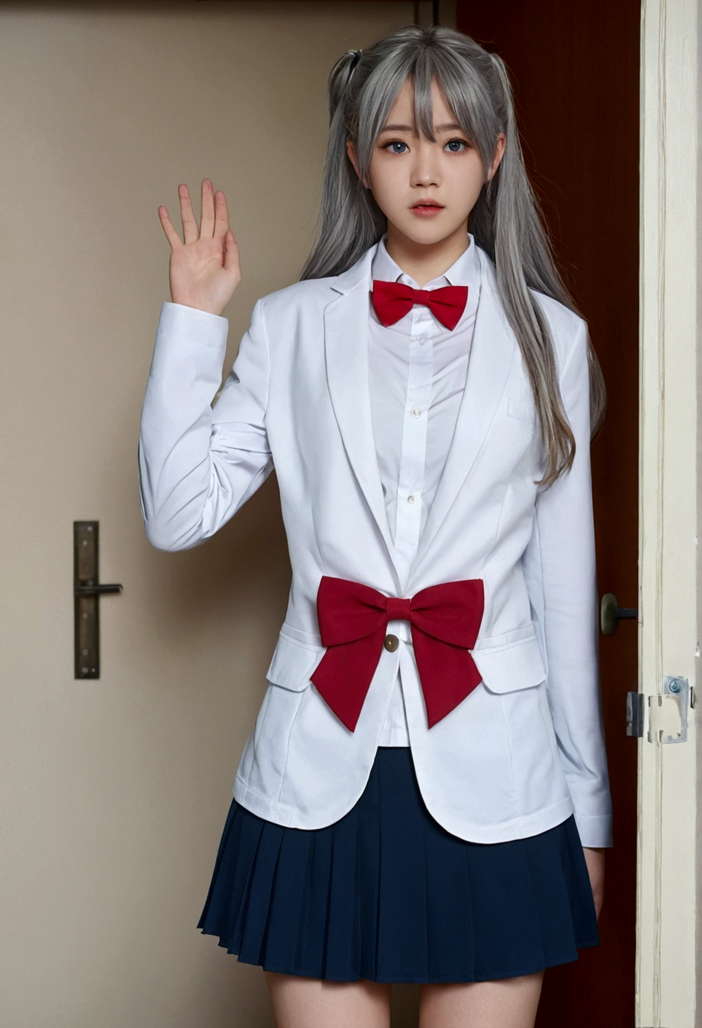 Ariya, 1 Girl, Solitary, Long hair, blue eyes, Ahog, bow, Looking at the audience, red bow, jacket, bowtie, Long sleeve, breast, shirt, open jacket, red bowtie, Door, Cowboy shooting, collared shirt, inDoors, Uniforms, White hair, permanent, Open clothes, skirt, Bangs, skirt, grey jacket, black skirt, blush, pleated skirt, Open your mouth, medium breast, pleated skirt, white shirt, Hair between the eyes, white jacket, hands up, Casual suits, black skirt, thigh, open Door, Door厅