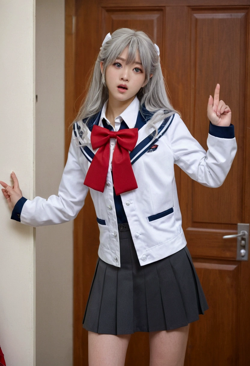 Ariya, 1 Girl, Solitary, Long hair, blue eyes, Ahog, bow, Looking at the audience, red bow, jacket, bowtie, Long sleeve, breast, shirt, open jacket, red bowtie, Door, Cowboy shooting, collared shirt, inDoors, Uniforms, White hair, permanent, Open clothes, skirt, Bangs, skirt, grey jacket, black skirt, blush, pleated skirt, Open your mouth, medium breast, pleated skirt, white shirt, Hair between the eyes, white jacket, hands up, Casual suits, black skirt, thigh, open Door, Door厅
