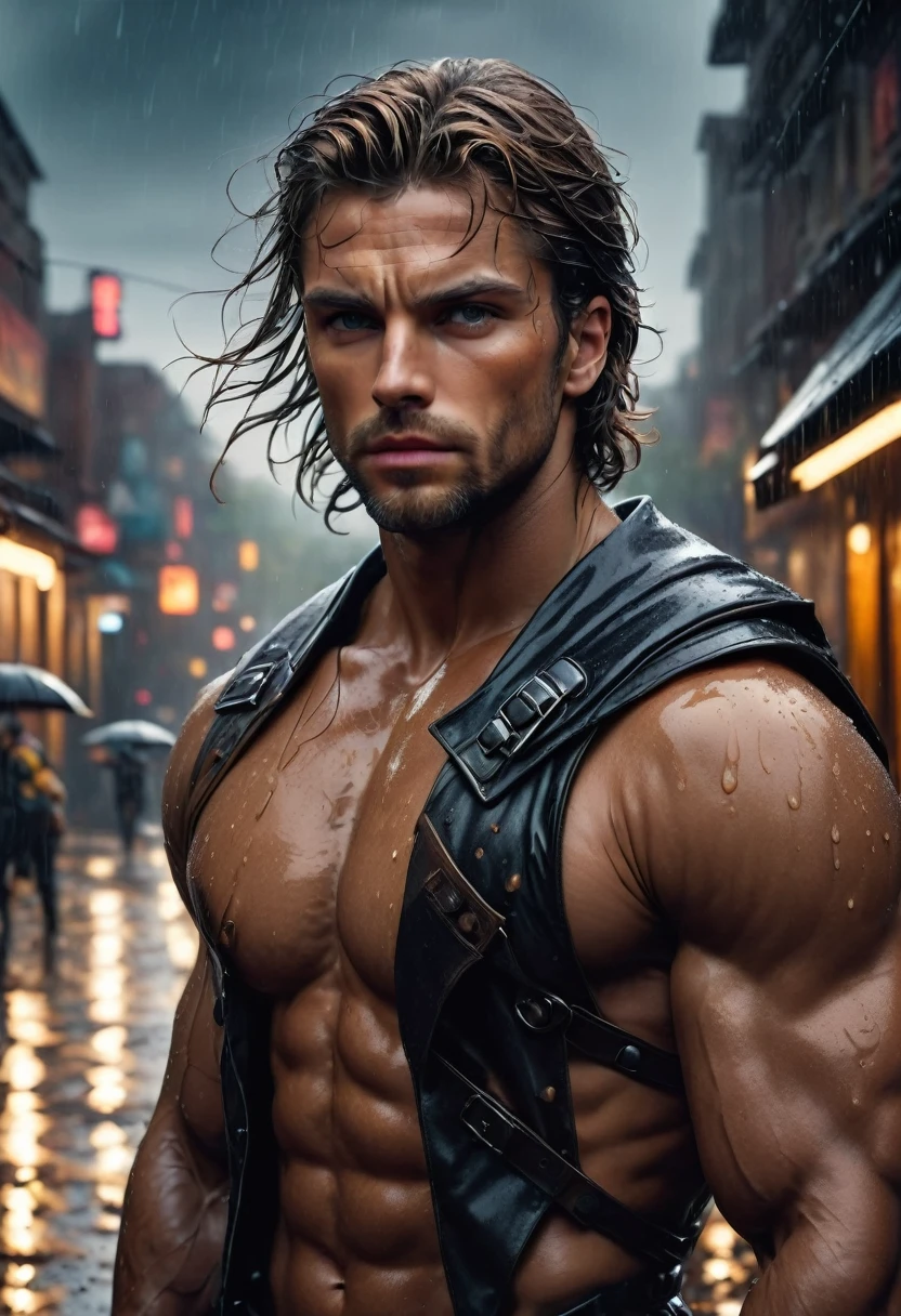 realisitic:1.3,( Fotorrealisitic, 8k, RAW Photos, premium quality, Masterpiece artwork, epic lighting. up close, Centered image), (foreground),((1 man handsome, self-confident and well-formed muscles, Post-apocalyptic, warrior, Perfectly detailed face and body, (foreground), rainy scene, poor lighting due to rain, face and body wet from the rain,atmospheric lighting, dynamic pose, beautiful and detailed hair, leather clothing))