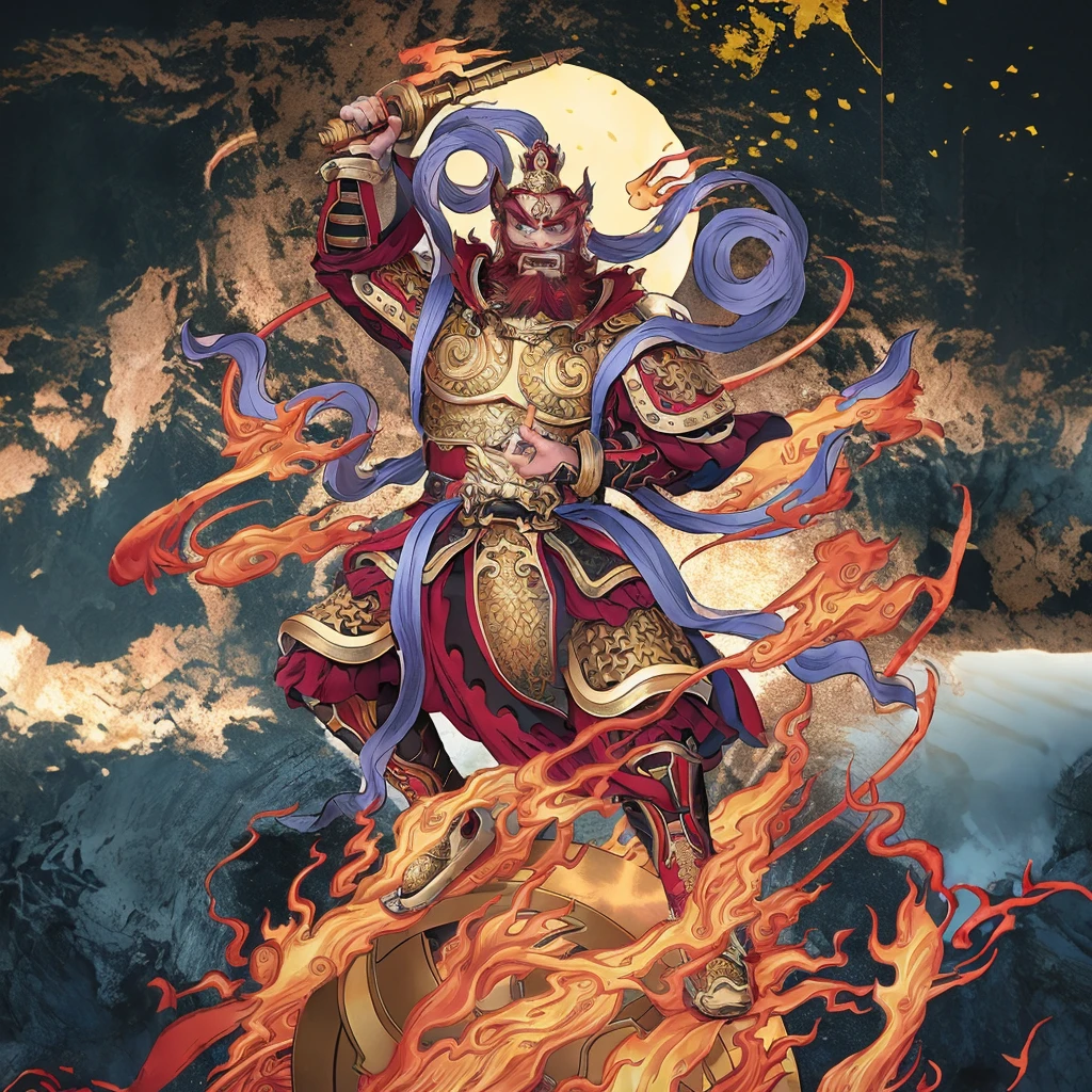 red hair male Chinese warrior (3 eyes) asura look, ancient Chinese armour, surrounded by fire, standing on a huge metallic wheel, holding a metal whip weapon (sword), purple deity ribbon, fierce look, proper finger gesture