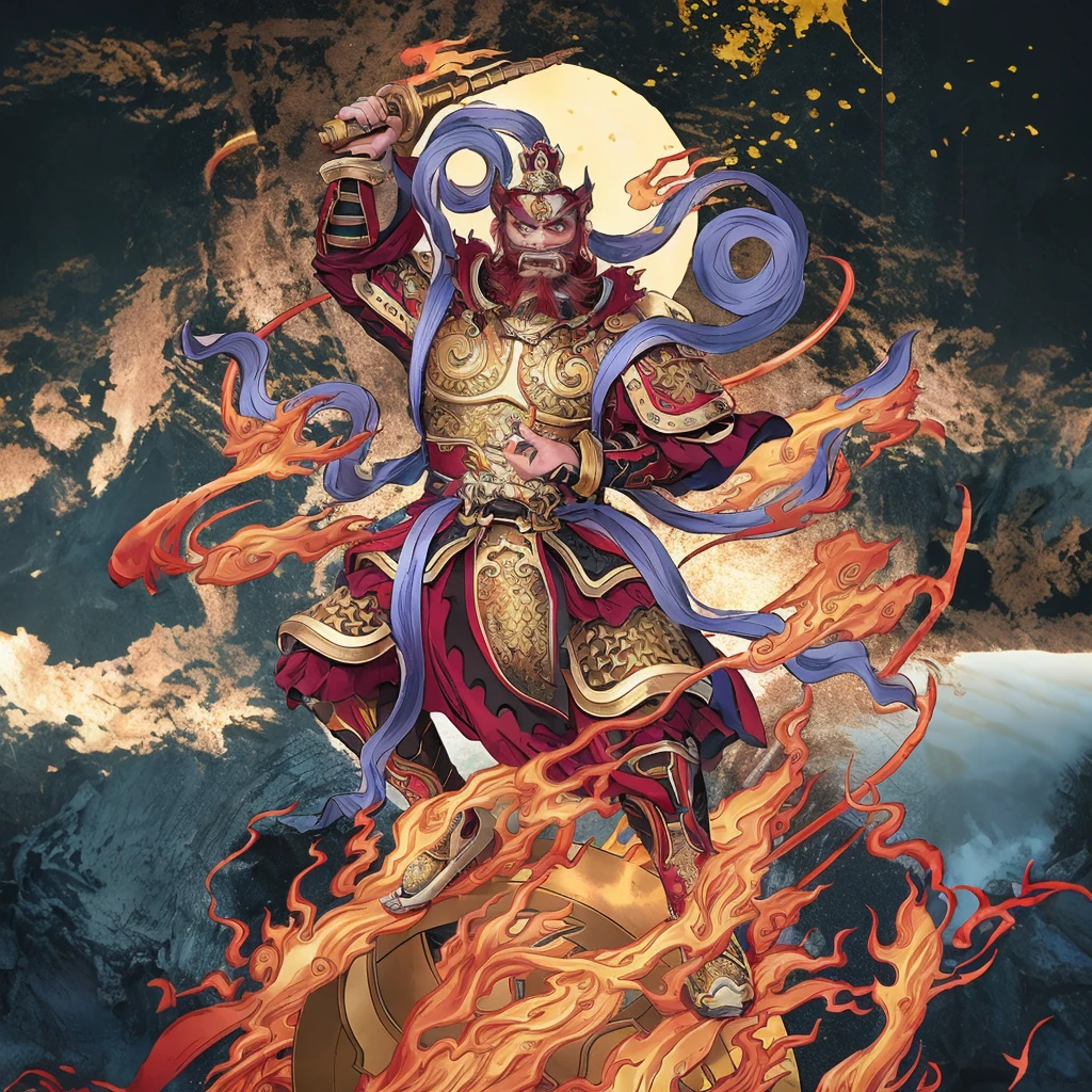 red hair male Chinese warrior (3 eyes) asura look, ancient Chinese armour, surrounded by fire, standing on a huge metallic wheel, holding a metal whip weapon (sword), purple deity ribbon, fierce look, proper finger gesture