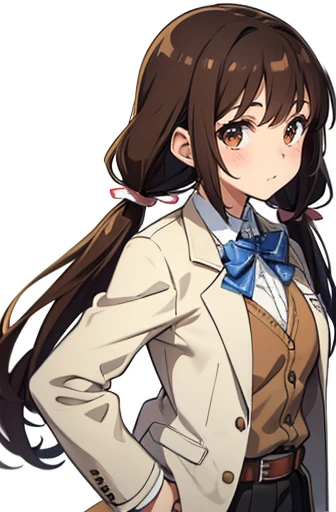 standing, from front, cowboy shot,one girl, deep brown hair, low twin tails, deep brown eyes, white skin, teenager, , Great Joy, high school girl, , jacket/blazer, slim, looking at viewer, white background