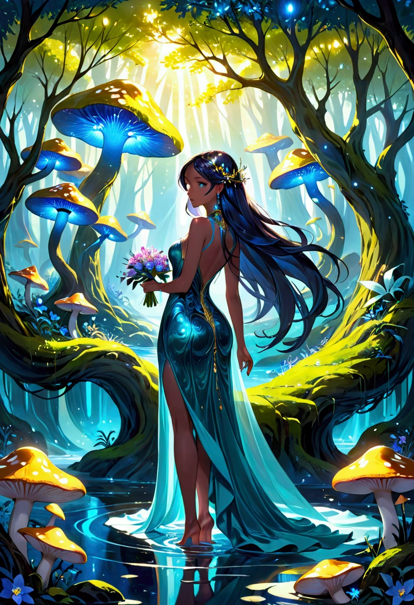 A mysterious and ethereal female figure, bathed in a soft, moonlit glow that enhances the rich tapestry of colors shimmering through her long, dark iridescent hair. It cascades down her back in waves, transitioning from deep blues to emerald greens and shimmering purples, reflecting the light in an otherworldly dance of shadows and luminescence. Her eyes, too, are iridescent pools of light, matching the vibrant spectrum of her hair and piercing through the night with an intensity that seems almost supernatural. They sparkle with a knowing wisdom and an ancient allure that speaks of secrets untold. Her hourglass figure is accentuated by a form-fitting, iridescent gown that clings to her curvaceous silhouette, the fabric appearing almost liquid in its fluidity and reflecting the same mesmerizing array of colors found in her hair and eyes. The gown's neckline is a delicate crescent, revealing a hint of her flawless, alabaster skin, which contrasts dramatically with the dark hues that envelop the rest of the image. She stands with the grace of a gazelle, one hand gently resting on the trunk of a glowing willow tree, the other holding a bouquet of moonlit flowers that seem to whisper their secrets to her. The scene is set in an enchanted glade, with luminescent mushrooms and bioluminescent plants casting a gentle glow across the velvety moss beneath her bare feet. The overall effect is one of enchantment and intrigue, inviting the viewer to step into a realm where beauty and magic coalesce in a symphony of light and shadow.
