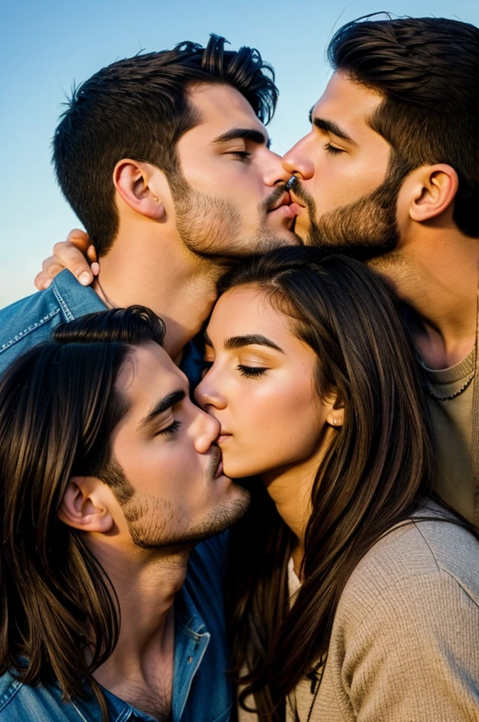 2 guys kissing a girl