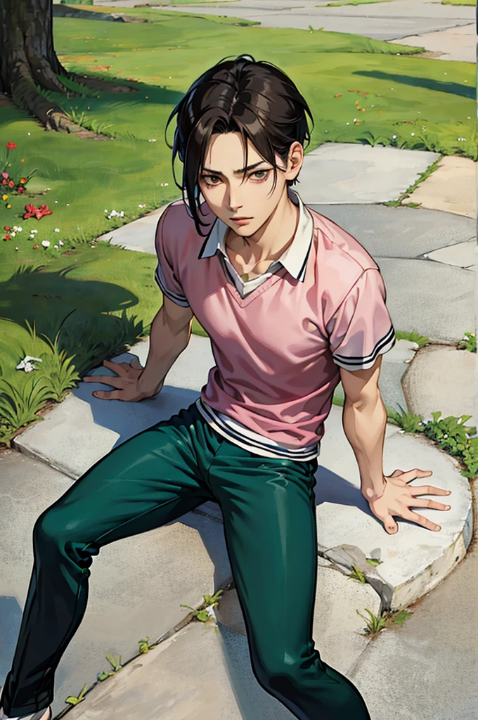 anime boy sitting on a ground, a character portrait, sots art, by Li Shan, levi ackerman, half pants, from yowamushi pedal, eren yeager, realistic anime style at pixiv
