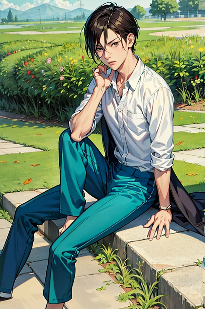 anime boy sitting on a ground, a character portrait, sots art, by Li Shan, levi ackerman, half pants, from yowamushi pedal, eren yeager, realistic anime style at pixiv