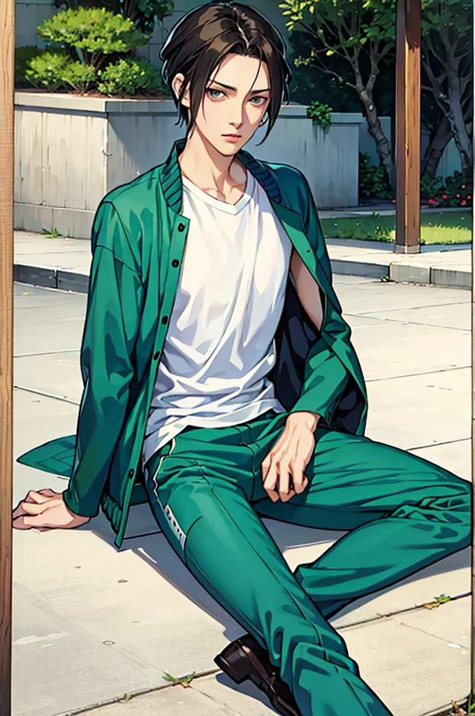 anime boy sitting on a ground, a character portrait, sots art, by Li Shan, levi ackerman, half pants, from yowamushi pedal, eren yeager, realistic anime style at pixiv