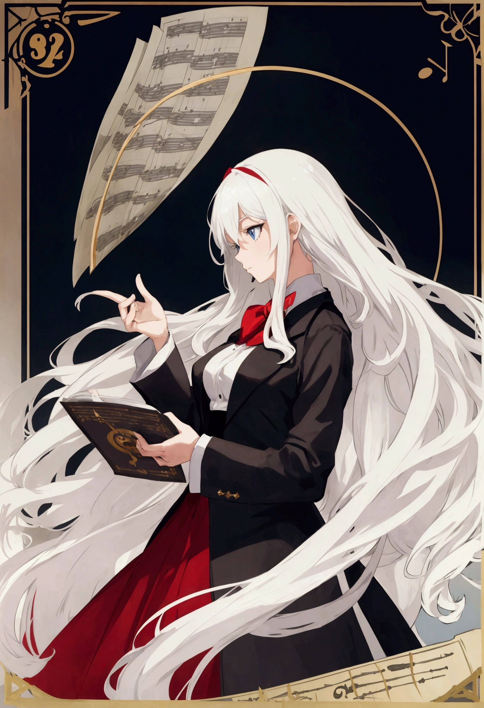 anime woman with long white hair wearing orchestra conductor outfit and holding sheet music. for YouTube profile photos