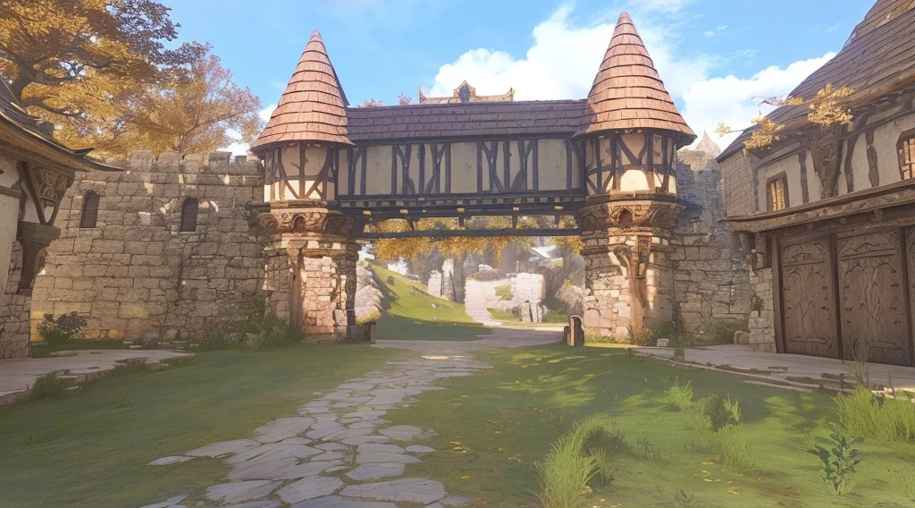 There is a photo of the castle and the stone walkway, fortress gateway, 中世纪door, in the game image, Beautiful screenshots, door, <Online gamesrpgs scene, Huge door, Torimen, Online games, The entrance to Valhalla, castle setting, Entering the Etheric Realm, county castle, archway, House Telvanni, Ultra Detailed, in the game