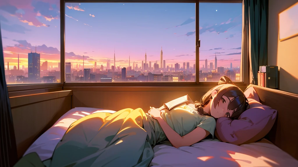 a cute girl with pony tail, reading a book, lying on her bed near a windows, the whole city is visible from the window, she wears a headphone, coffee cup at bed side, sunset time, warm color, dream, anime, fantasy, Lo-Fi, 4K, full body, High-Quality.