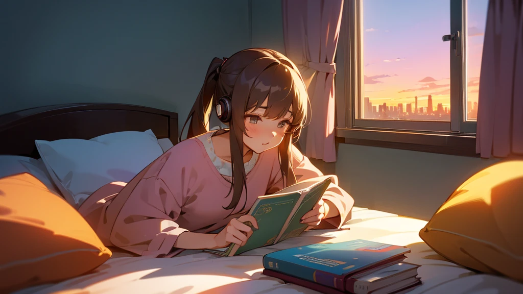 a cute girl with pony tail, reading a book, lying on her bed near a windows, the whole city is visible from the window, she wears a headphone, coffee cup at bed side, sunset time, warm color, dream, anime, fantasy, Lo-Fi, 4K, full body, High-Quality.