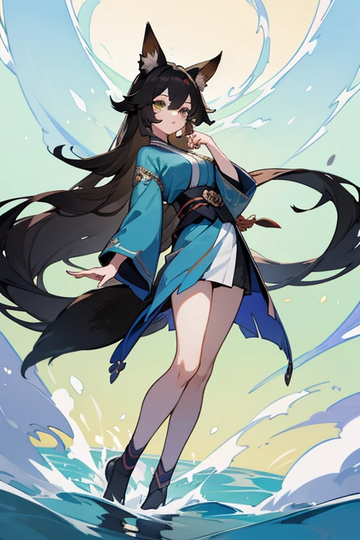 Girl, brunette, long hair, green eyes, 180 cm body height, dressed in a blue kimono, fox ears (black), fox tail (black), new Genshin character, pale skin, genshin art style, cartoon, beautiful