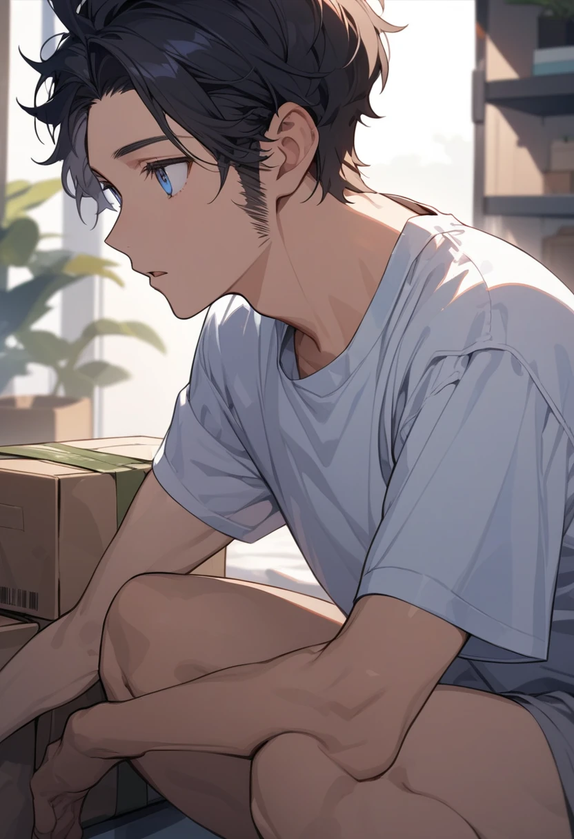 masterpiece, best quality, extremely detailed, ultra detailed, flat anime, 2D,
((1boy)),black hair, (short hair:1.5),blue eyes, height 1.7meters, (circle eyes:1.2), (young adult:1.2), Ear-length sideburns,
long Sleeves, White T-shirt, barefoot,
squatting, looking away, expressionless,open mouth, portrait,from side, close up face,
summer, 12AM, livingroom,organizing the boxes., I'm looking at the material in my hand.