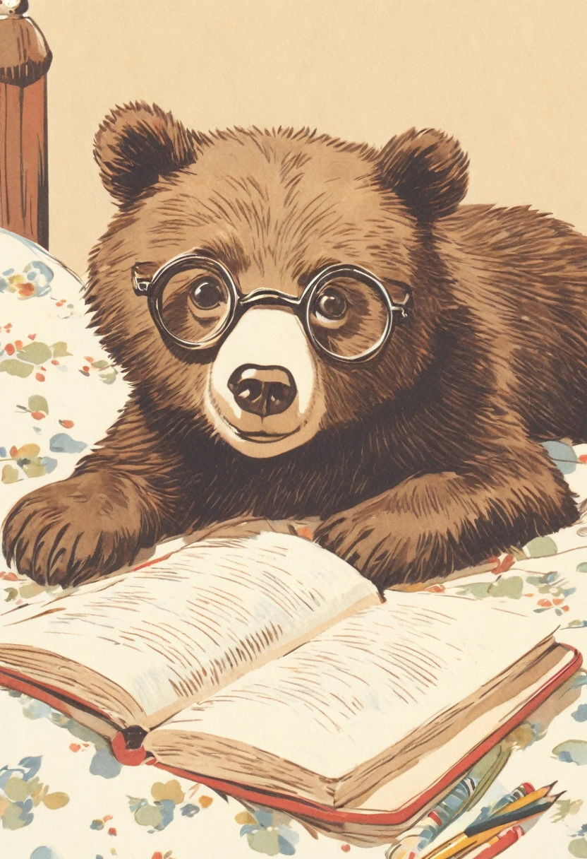 bear, simple, adorable, laying on bed, studying, glasses, book, pencil