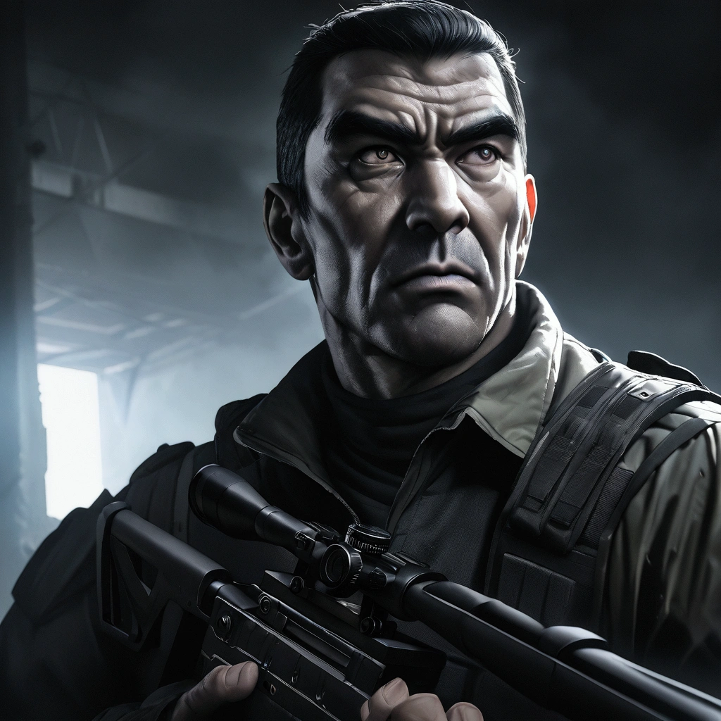 a highly detailed portrait of Golgo 13 holding a sniper rifle, hyper realistic, extremely detailed facial features and expression, intense gaze, tactical military gear, realistic weapon details, dramatic lighting, cinematic composition, muted color palette, gritty and grungy atmosphere, masterpiece, 8k, ultra-detailed