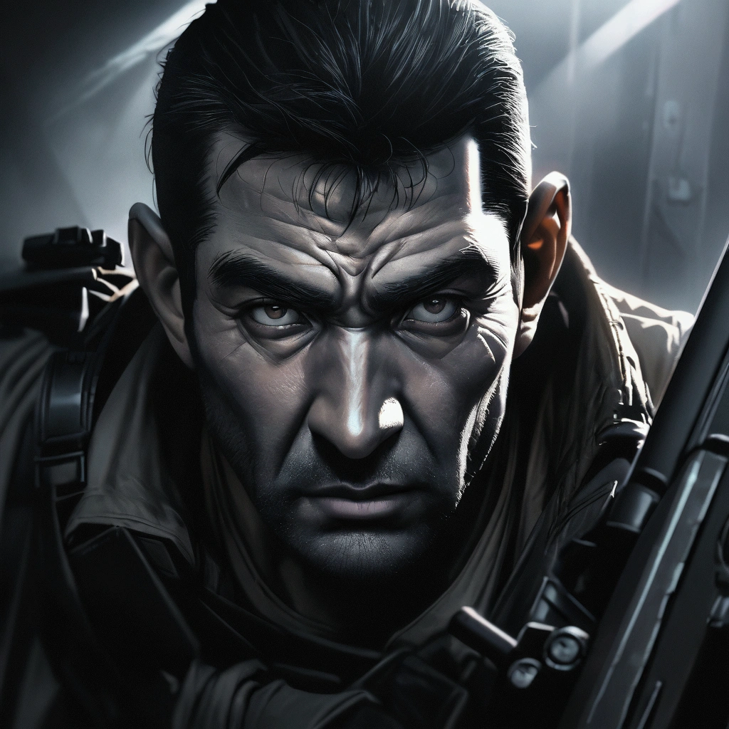 a highly detailed portrait of Golgo 13 holding a sniper rifle, hyper realistic, extremely detailed facial features and expression, intense gaze, tactical military gear, realistic weapon details, dramatic lighting, cinematic composition, muted color palette, gritty and grungy atmosphere, masterpiece, 8k, ultra-detailed
