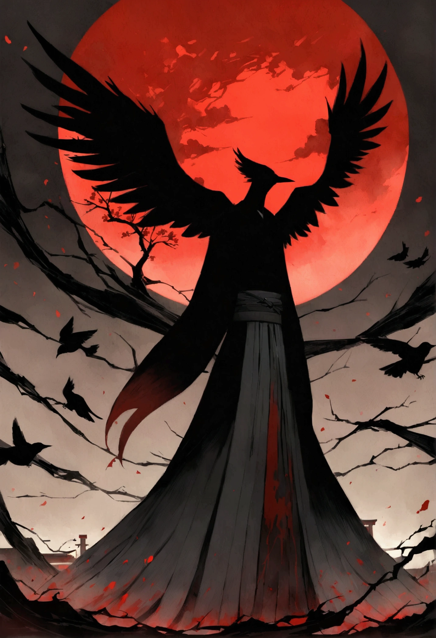 Create a haunting and atmospheric digital painting set in feudal Japan, depicting a lone samurai warrior standing before a torii gate amidst a ravaged landscape. The scene is dominated by a massive, blood-red moon hanging low in the sky, partially obscured by wispy clouds and dark, swirling energy. In the foreground, position the silhouette of a solitary samurai, facing away from the viewer, wearing a traditional kimono and hakama with a katana at his side. He stands on uneven, debris-strewn ground littered with broken planks, stones, and scattered cherry blossom petals. The torii gate should be positioned just beyond him, its dark wood frame stark against the turbulent sky. Above the gate, render a colossal, ominous crow or raven with wings fully spread, its form a deep black silhouette against the crimson moon. The bird's presence should dominate the upper half of the composition, its wings stretching nearly edge to edge. Surrounding the central crow, depict a flock of smaller birds in flight, their forms breaking apart and blending with the chaotic energy swirling around the moon. The sky should be a mix of deep teals, smoky grays, and inky blacks, creating a stark contrast with the vibrant red of the moon. Incorporate elements of abstract splatter and brush strokes throughout the piece to enhance the sense of motion and violence. Use a gritty, textured style reminiscent of traditional sumi-e ink painting combined with modern digital techniques. The overall tone should be