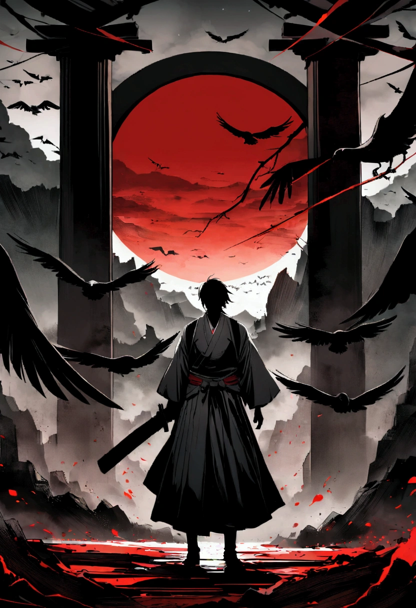 Create a haunting and atmospheric digital painting set in feudal Japan, depicting a lone samurai warrior standing before a torii gate amidst a ravaged landscape. The scene is dominated by a massive, blood-red moon hanging low in the sky, partially obscured by wispy clouds and dark, swirling energy. In the foreground, position the silhouette of a solitary samurai, facing away from the viewer, wearing a traditional kimono and hakama with a katana at his side. He stands on uneven, debris-strewn ground littered with broken planks, stones, and scattered cherry blossom petals. The torii gate should be positioned just beyond him, its dark wood frame stark against the turbulent sky. Above the gate, render a colossal, ominous crow or raven with wings fully spread, its form a deep black silhouette against the crimson moon. The bird's presence should dominate the upper half of the composition, its wings stretching nearly edge to edge. Surrounding the central crow, depict a flock of smaller birds in flight, their forms breaking apart and blending with the chaotic energy swirling around the moon. The sky should be a mix of deep teals, smoky grays, and inky blacks, creating a stark contrast with the vibrant red of the moon. Incorporate elements of abstract splatter and brush strokes throughout the piece to enhance the sense of motion and violence. Use a gritty, textured style reminiscent of traditional sumi-e ink painting combined with modern digital techniques. The overall tone should be