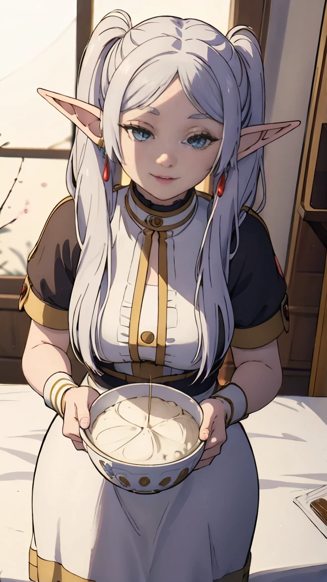 (Best quality, masterpiece),sexy,  Erotic, 18+, NFV, 1 girl, 30 years, deafening, Cute, smile, hourglass figure, maid costume, Beautiful food, , long white hair, two ponytails,blue detailed sparkling eyes, elf ears