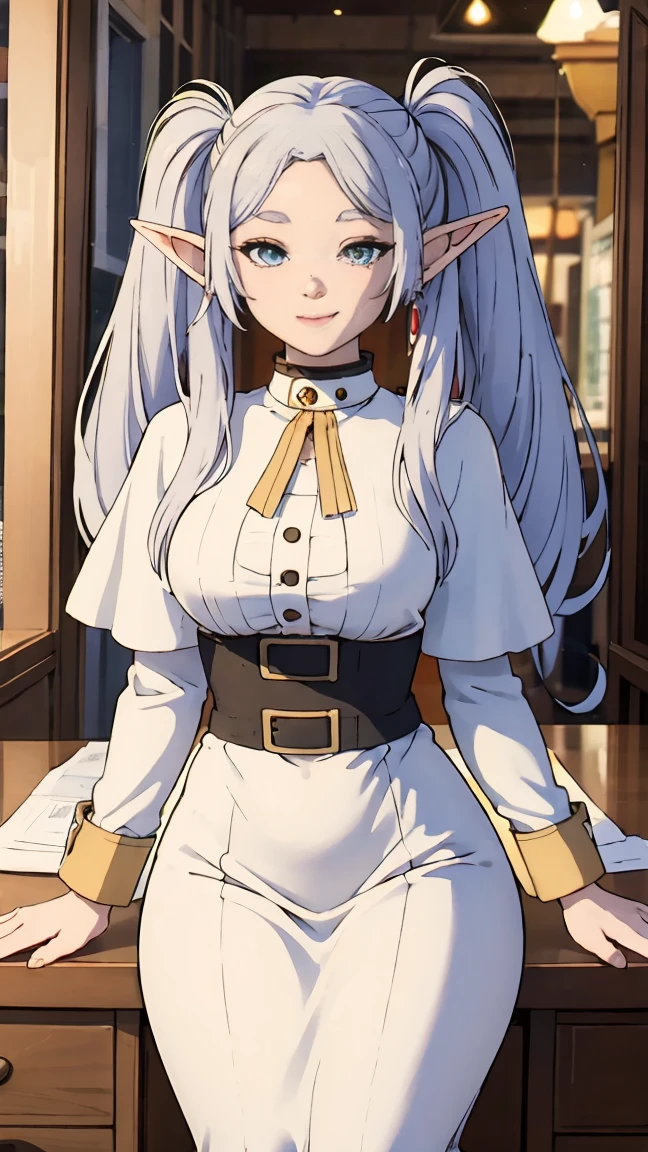 (Best quality, masterpiece),sexy,  Erotic, 18+, NFV, 1 girl, 30 years, deafening, Cute, smile, hourglass figure, maid costume, Beautiful food, , long white hair, two ponytails,blue detailed sparkling eyes, elf ears