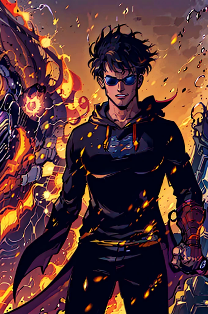 ((illustration)), (best quality)), ((masterpiece)), (detailed), ((epic)), age, boy, dark hair, brown eyes, muscular, shirt, black hoodie, sunglass, smirking, solo, gauntlet, day, stylish, slick hair, modern, superhero landing, shadowarmy