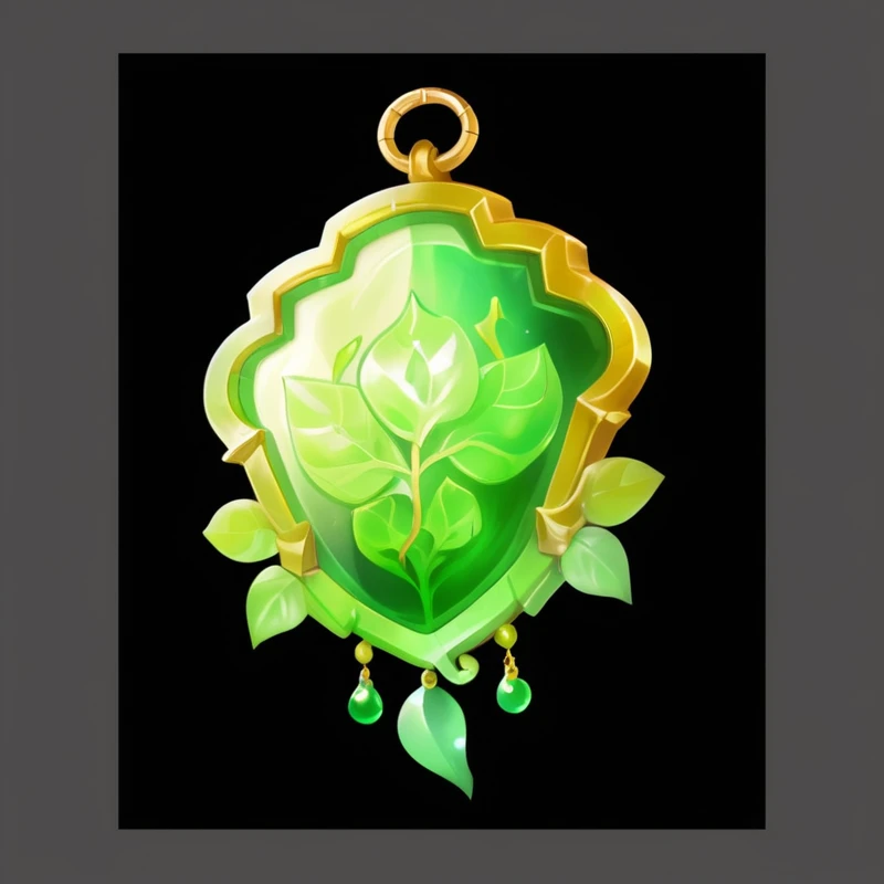 a close up of a green and yellow period with a leaf design, Fantasy Shield, magic amulet, amulet, Game Icon Assets, jade scales, Shielding design, period, Fantasy game spell symbols, Stylized game icons, Treasure Artifact, mobile Game assets, Game assets, Role Playing Game Items, Glass、Gold and jade, Rendering Art