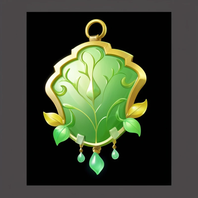 a close up of a green and yellow period with a leaf design, Fantasy Shield, magic amulet, amulet, Game Icon Assets, jade scales, Shielding design, period, Fantasy game spell symbols, Stylized game icons, Treasure Artifact, mobile Game assets, Game assets, Role Playing Game Items, Glass、Gold and jade, Rendering Art