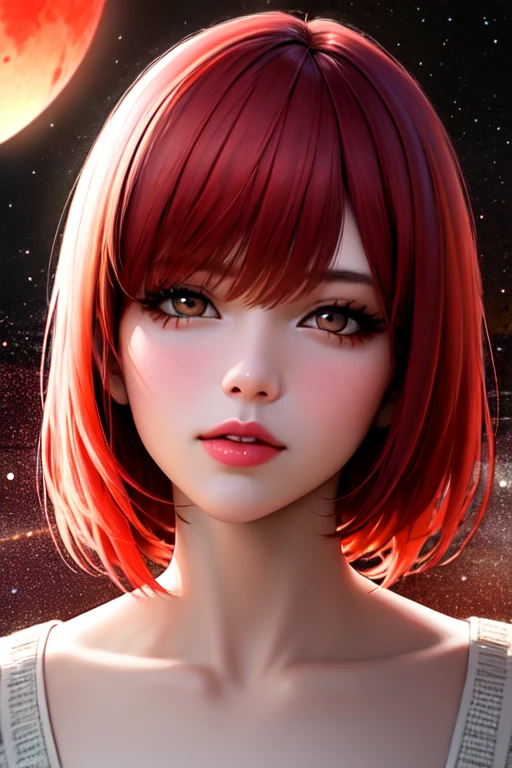 One girl, Beautiful Face, ((White eyes)), Red-haired shorthair,Red moon in the background, performer, space, (Lightroom:1.13), Soft Light, (Natural skin texture:1.2), (Hyperrealism:1.2), Sharp focus, Concentrated,[[Realistic]]