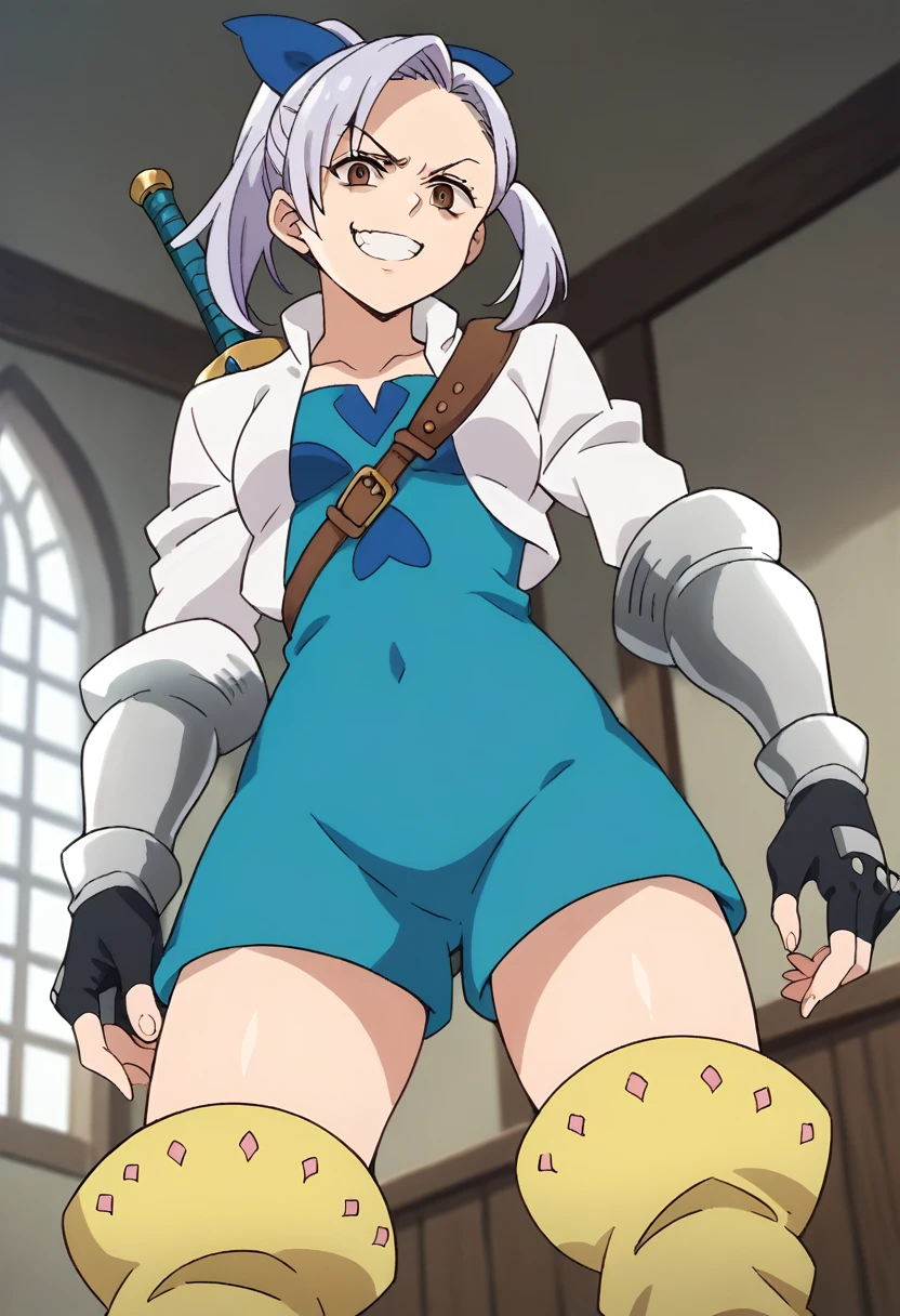 score_9, score_8_up, score_7_up, source_anime, masterpiece, jericho7, 1girl, lavender hair, hair bow, brown eyes, cropped jacket, blue dress, gauntlets, fingerless gloves, thigh boots, weapon on back, from below, evil grin, shaded face, looking at viewer, indoors, 