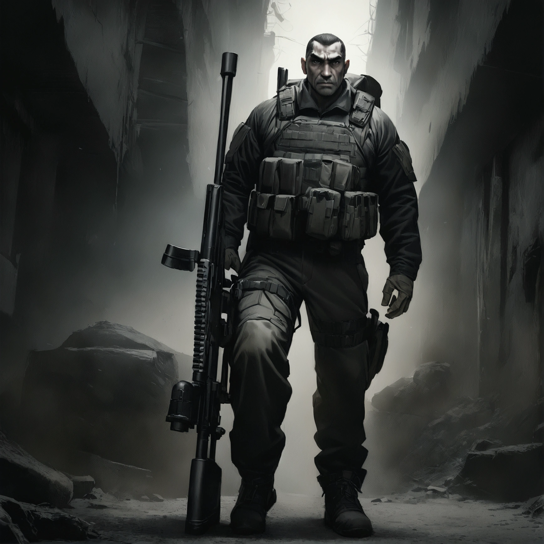a highly detailed portrait of Golgo 13 holding a sniper rifle, hyper realistic, extremely detailed facial features and expression, intense gaze, tactical military gear, realistic weapon details, dramatic lighting, cinematic composition, muted color palette, gritty and grungy atmosphere, masterpiece, 8k, ultra-detailed