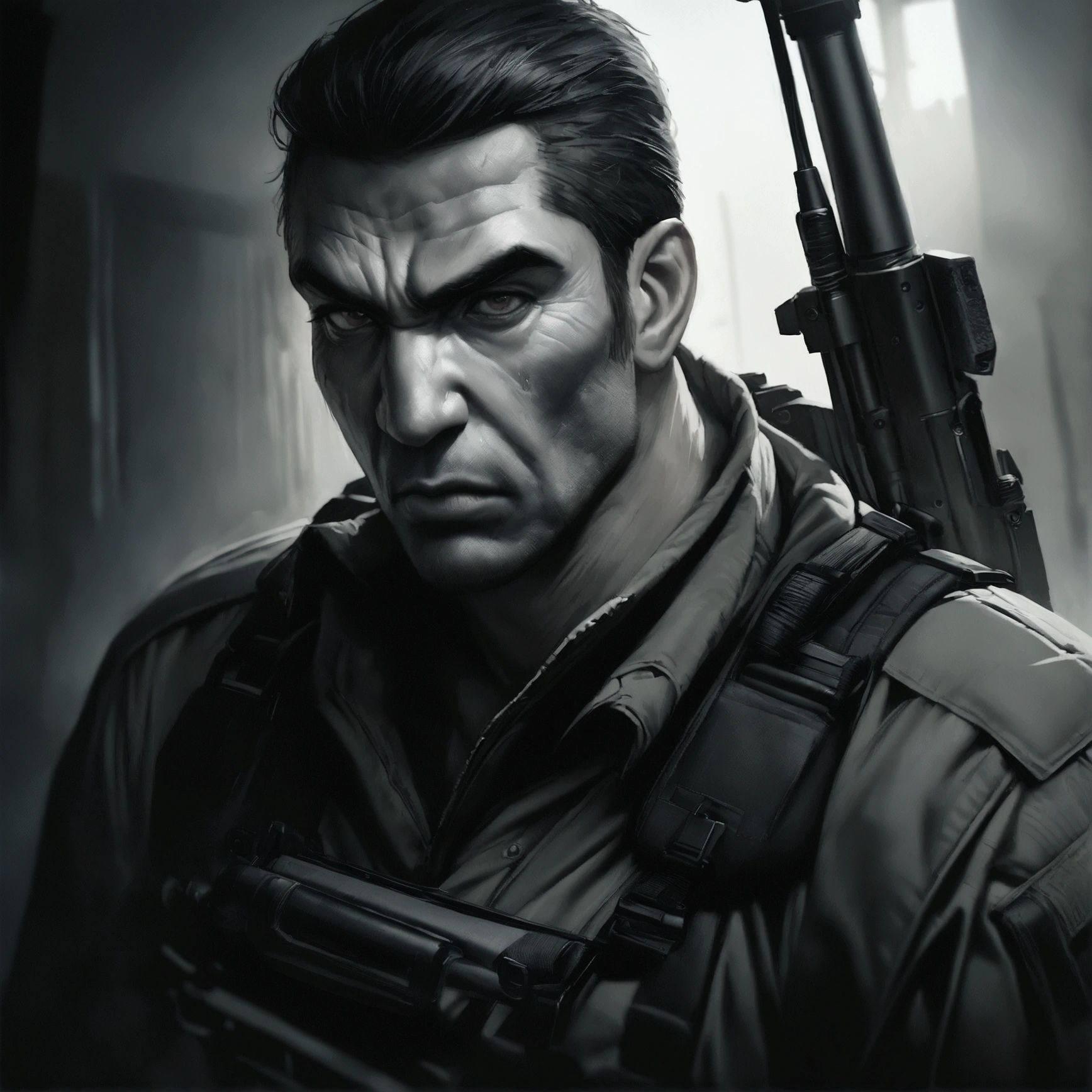 a highly detailed portrait of Golgo 13 holding a sniper rifle, hyper realistic, extremely detailed facial features and expression, intense gaze, tactical military gear, realistic weapon details, dramatic lighting, cinematic composition, muted color palette, gritty and grungy atmosphere, masterpiece, 8k, ultra-detailed