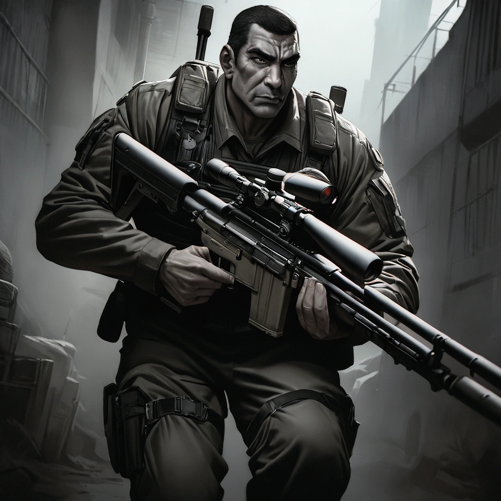 a highly detailed portrait of Golgo 13 holding a sniper rifle, hyper realistic, extremely detailed facial features and expression, intense gaze, tactical military gear, realistic weapon details, dramatic lighting, cinematic composition, muted color palette, gritty and grungy atmosphere, masterpiece, 8k, ultra-detailed