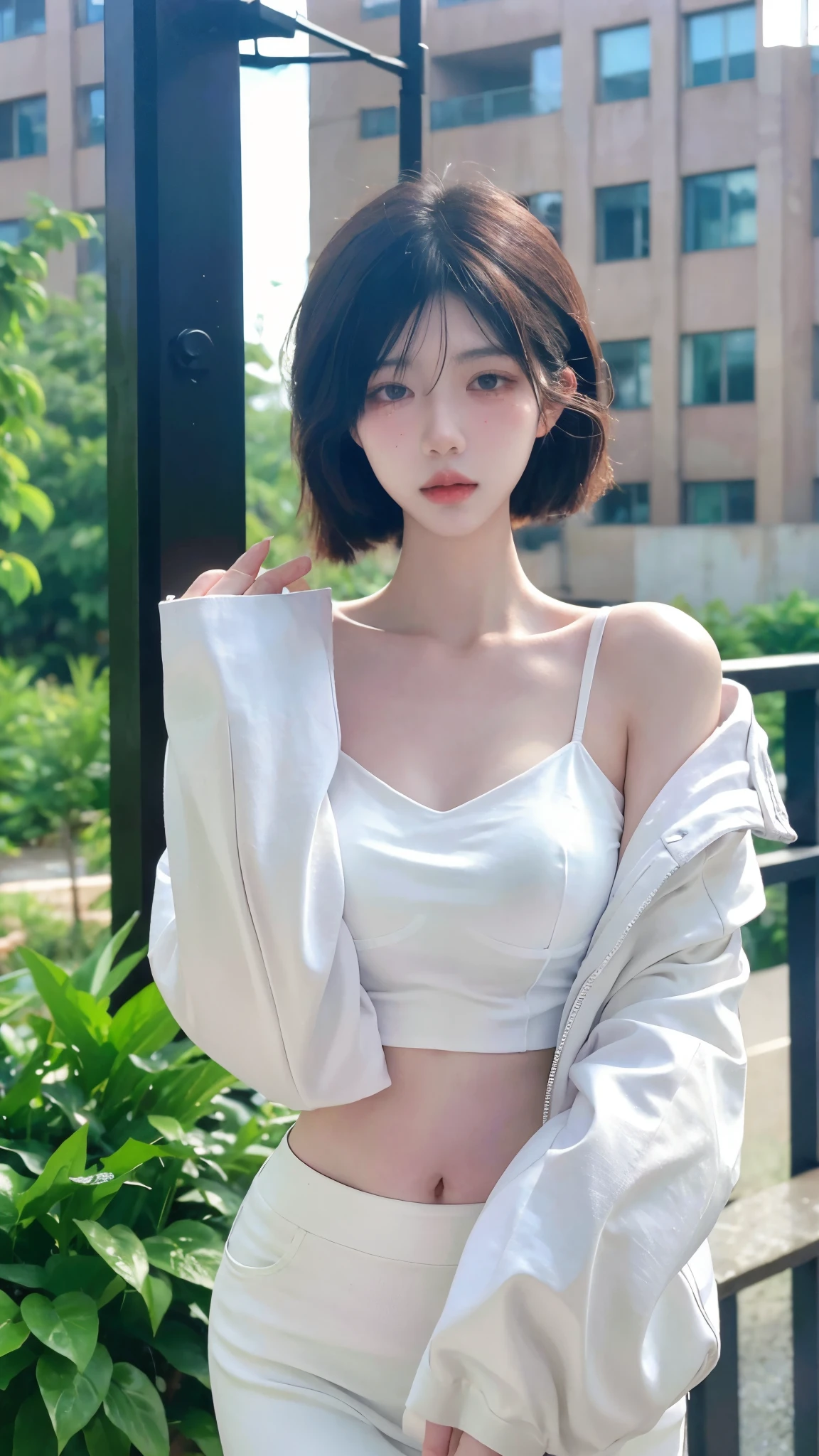 Beautiful woman with perfect figure:1.4,snow,Touching butt with both hands,snow背景,Layered Hairstyle,White skin,Prominent cleavage,Pleated Skirt,whole body,Very delicate face and skin texture,Double eyelids,Skin Whitening,Long white hair
