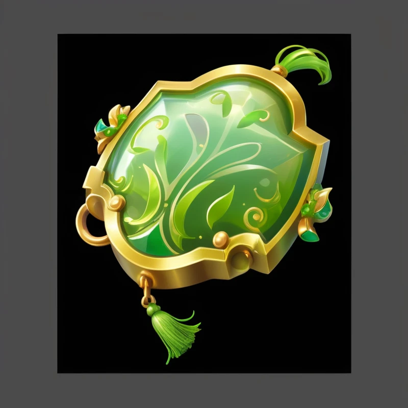 Close up of a green and gold object with tassels, Fantasy game spell symbols, Game Icon Assets, Stylized game icons, Fantasy Shield, Magic amulet, 3d icons for mobile games, Stylized game art, Game assets, Stylized art, Magic Glass Container Graphics, mobile Game assets, Rendering Art, Translucent algae gorgeous, Fantasy game spell icons