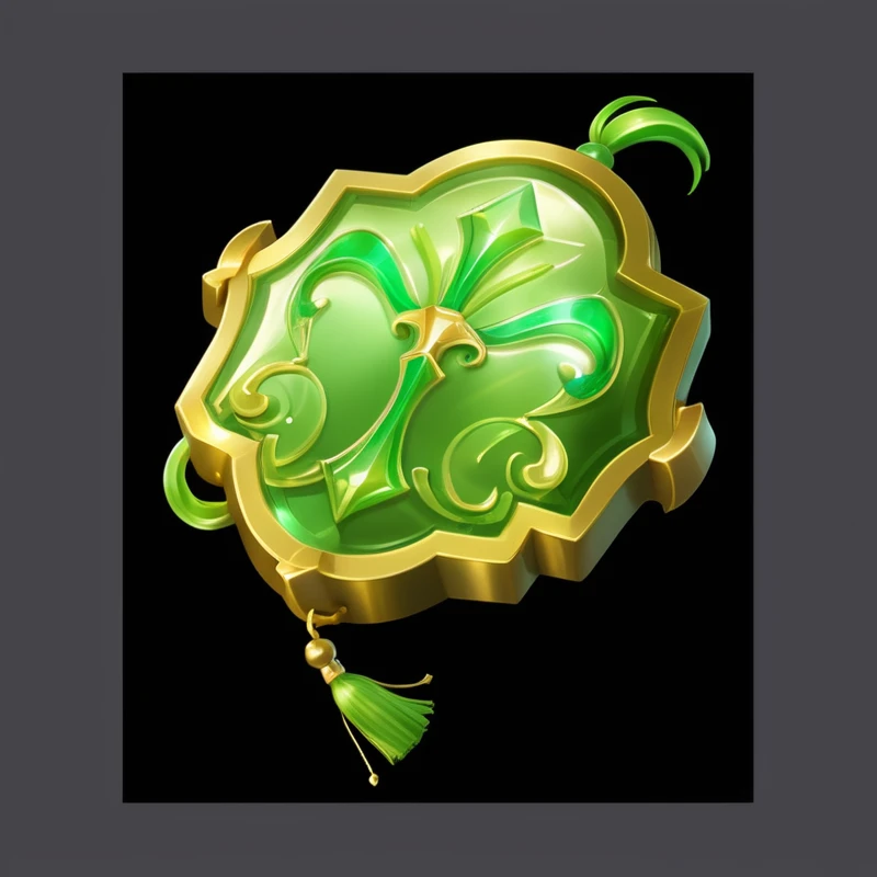 Close up of a green and gold object with tassels, Fantasy game spell symbols, Game Icon Assets, Stylized game icons, Fantasy Shield, Magic amulet, 3d icons for mobile games, Stylized game art, Game assets, Stylized art, Magic Glass Container Graphics, mobile Game assets, Rendering Art, Translucent algae gorgeous, Fantasy game spell icons
