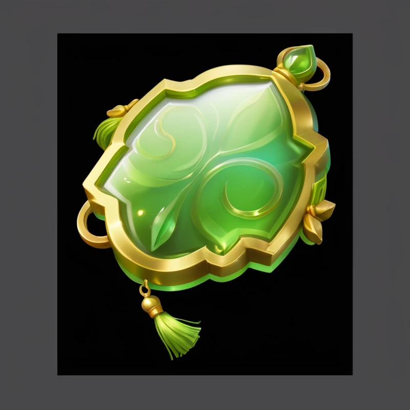 Close up of a green and gold object with tassels, Fantasy game spell symbols, Game Icon Assets, Stylized game icons, Fantasy Shield, Magic amulet, 3d icons for mobile games, Stylized game art, Game assets, Stylized art, Magic Glass Container Graphics, mobile Game assets, Rendering Art, Translucent algae gorgeous, Fantasy game spell icons