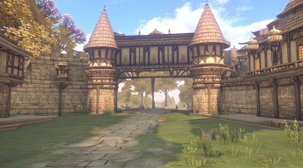 There is a photo of the castle and the stone walkway, fortress gateway, 中世纪door, in the game image, Beautiful screenshots, door, <Online gamesrpgs scene, Huge door, Torimen, Online games, The entrance to Valhalla, castle setting, Entering the Etheric Realm, county castle, archway, House Telvanni, Ultra Detailed, in the game