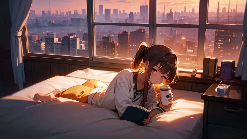 a cute girl with pony tail, reading a book, lying on her bed near a windows, a hot coffee by the side, the whole city is visible from the window, she wears a headphone, coffee cup at bed side, sunset time, warm color, dream, anime, fantasy, Lo-Fi, 4K, full body, High-Quality.