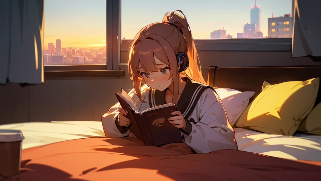 a cute girl with pony tail, reading a book, lying on her bed near a windows, a hot coffee by the side, the whole city is visible from the window, she wears a headphone, coffee cup at bed side, sunset time, warm color, dream, anime, fantasy, Lo-Fi, 4K, full body, High-Quality.
