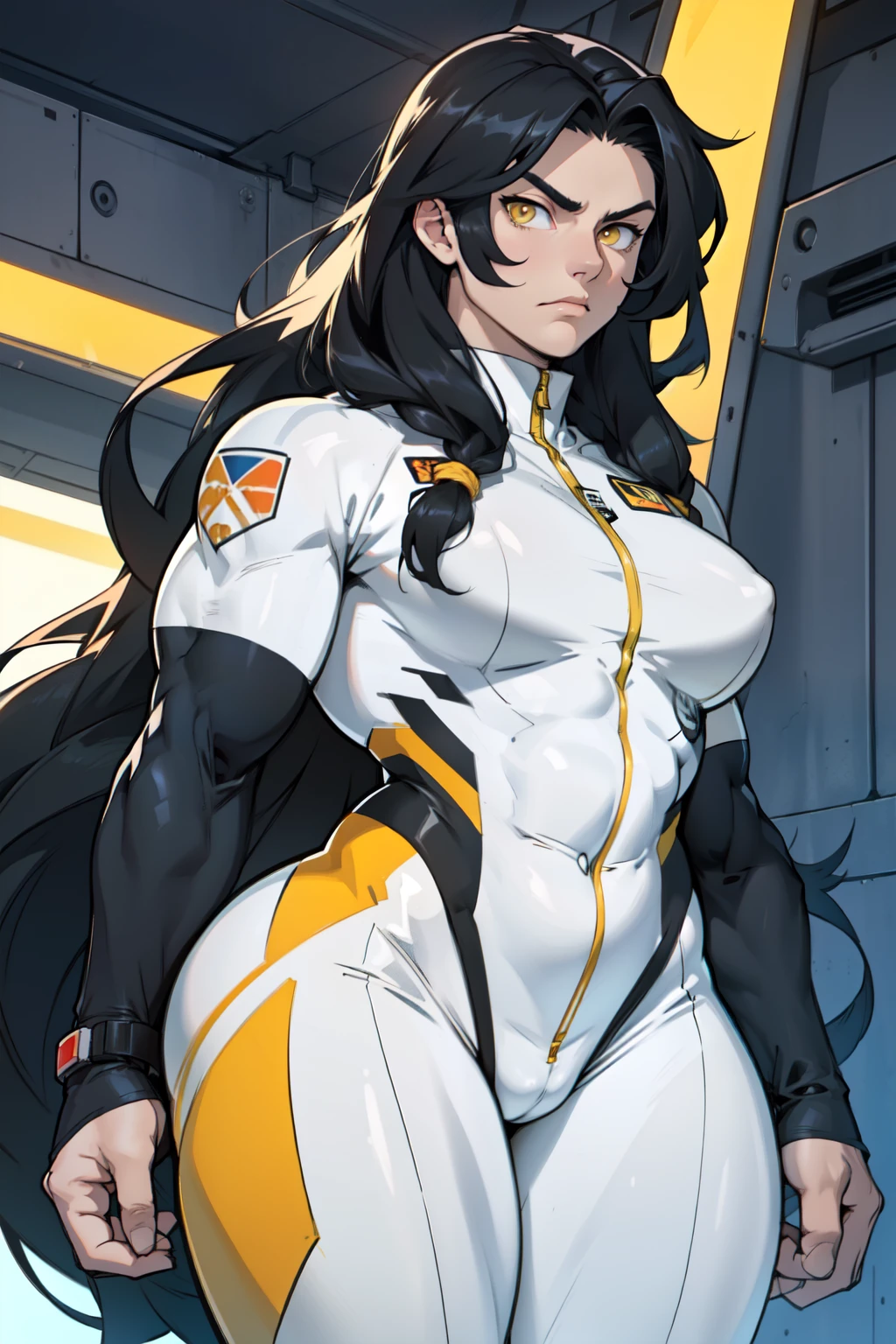1 girl muscular pale skin muscular muscular muscular black hair yellow eyes muscular muscular long hair long hair long hair long hair long hair long hair long hair long hair long hair long hair long hair long hair muscular muscular long long long long long long long long long bodysuit pilot suit thick thick thick thick thick thick thick thick thick thick thick thick thick thick frown