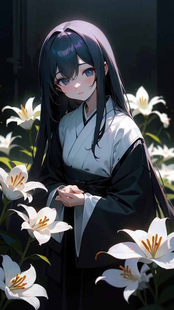 A lily was quietly shining in the darkness。Its chastity iake you feel the darkness around you more deeply、Noble Beauty, on the contrary, It was alleviating loneliness and despair。Behind the glamorous beauty、There seems to be a hidden dark story.、Everyone was obsessed with the mystery。Japanese clothing、dark