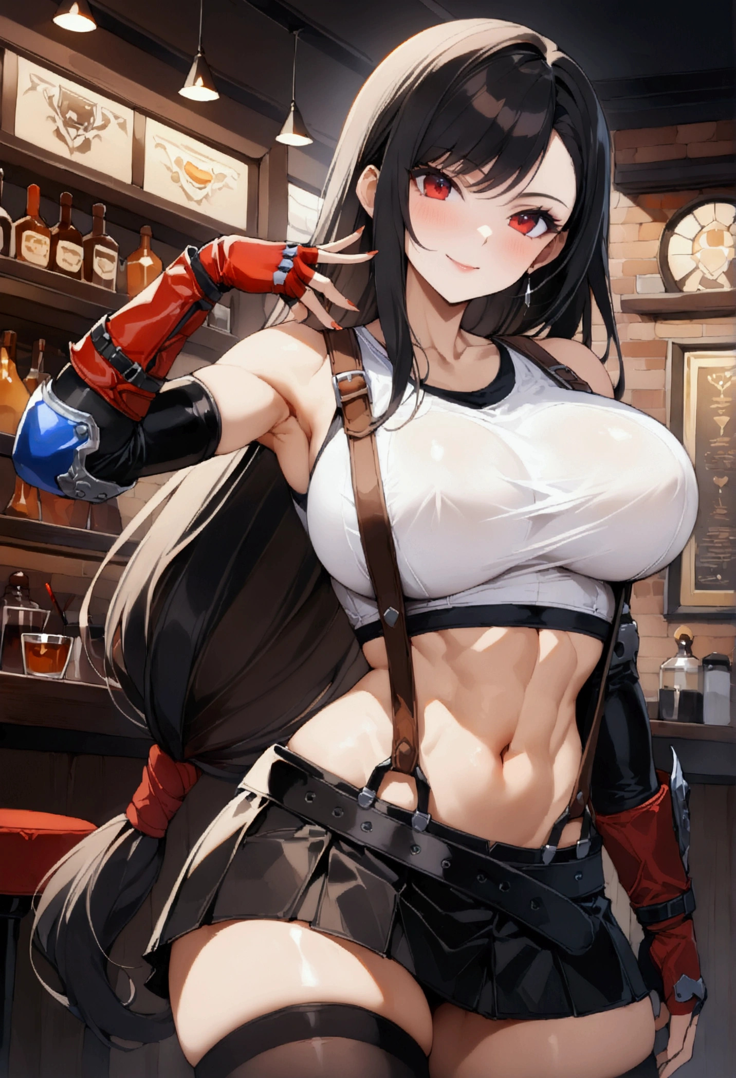 (score_9, score_8_up, score_7_up),  ((best quality, masterpiece)),perfect anatomy,((aesthetic,very aesthetic)),official style,((intricate.hyper-detailed)),overall detail, ((ultra-high resolution)), 1girl, tifa lockhart, final fantasy,(beautiful woman). black hair, low-tied long hair, red eyes, bangs, white tank top,gap, belt, pleated skirt, thighhighs, elbow fingerless gloves, elbow pads, midriff, navel,suspender skirt.zettai ryouiki ,,(large_breasts:1.3),Solo,mediumshot,looking_at_viewer,contrapposto pose, (vibrant, joyful),cafe and bar, ,Framin,specular reflection,close-up of toned abdomen , ,