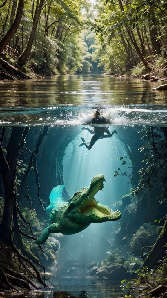 a dramatic scene of a river with a visible above and below water perspective. Above the water, show two men helping to pull another man out of the river, with expressions of fear and urgency. Below the water, depict a large crocodile with its mouth open, showcasing its sharp teeth, swimming towards the group above. The surrounding environment is a dense forest with large trees and sprawling roots around the riverbank. The water is clear enough to see both the surface activity and the underwater threat in vivid detail.