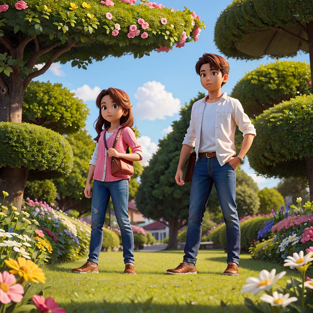 a beautiful girl and a handsome boy in a flower park
