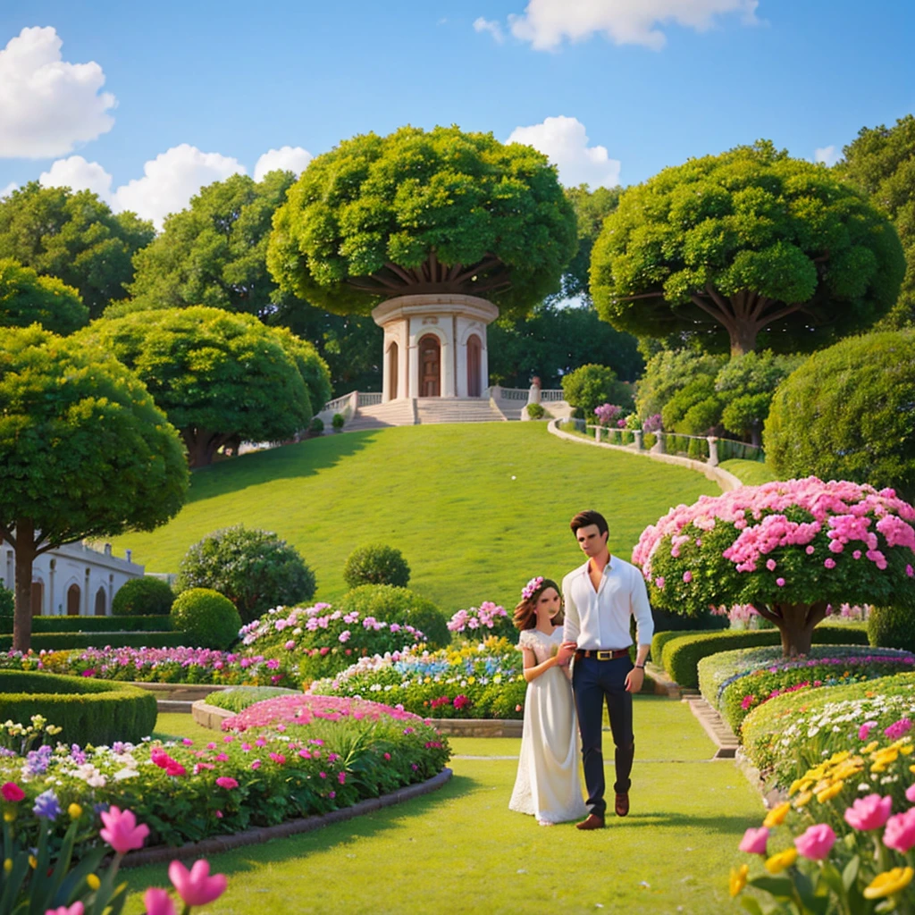 a beautiful girl and a handsome boy in a flower park