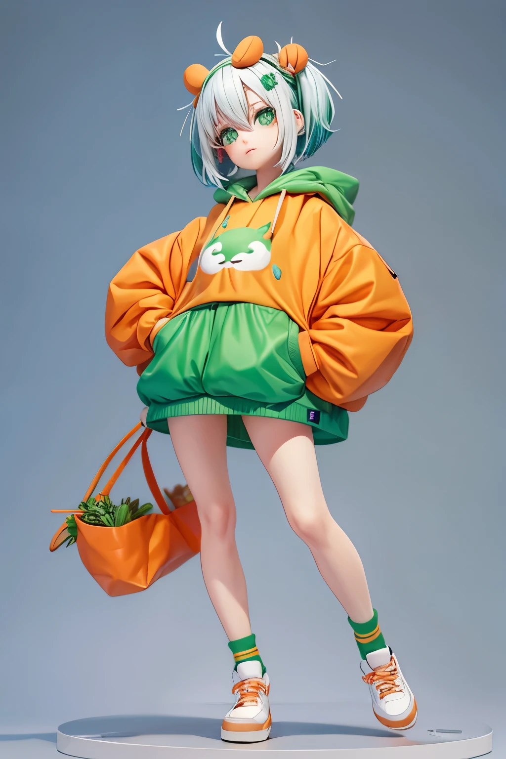 Cute 2d anime girl with platinum hair, green eyes, wearing baby carrot hair clips, cute baggy orange hoodie, green white striped socks, orange and white cute sneakers