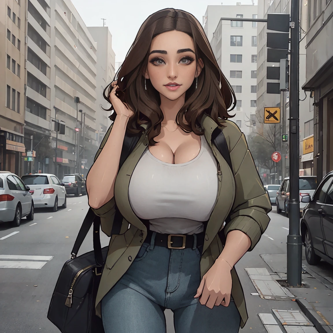 Extremely busty thin and toned brunette photographer, college girl, fair skin, loose side sweep, soft face, athletic, bandana babushka headwrap, tight olive green casual windbreaker, skinny jeans. standing in front of her apartment building, outdoors, city, camera bag, cleavage