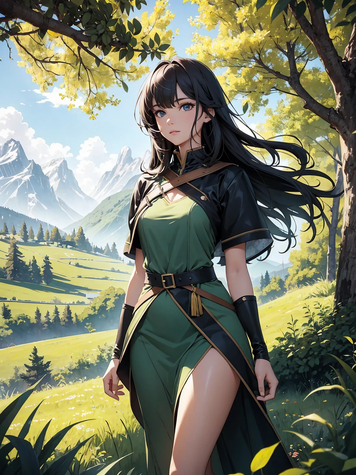 A girl walks on a green meadow, leading a squad of knights..
BREAK With a bold expression, leads them to their destination.
BREAK Behind her, The green forest extends beyond., Mountains rise in the distance.
BREAK The most suitable effect for this scene would be a watercolor painting technique, allowing you to convey the softness of the meadow and smooth movement... ,((detailed)), ((high quality)),((Well-structured)),((Anatomically correct)),((good composition)), ((Good prospect)),((masterpiece)), ( ( detailed outline)),((extremely detailed)),((Digital art)), digital illustration, ((Slim bodies)), a high resolution, a high resolution, Full Definition, full resolution, detailed face, 4K,HD, spicy,ideal,depth,with depth,Sharp Focus,depth резкости
