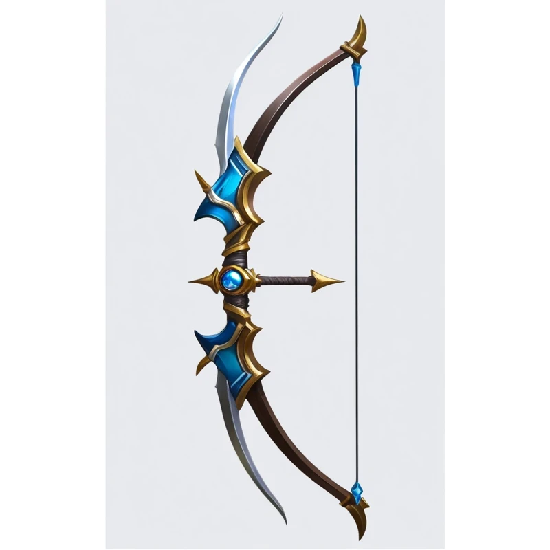 a close up of a Bow and Arrow on a pole, Decorative bow, World of Warcraft Blizzard Weapon Art, Short bow, sword, Bow and Arrow手, longbow, Weapon concept art, Fantasy weapons, epic Fantasy weapons art, Weapon Design, Sword weapons, Weapon Concept Art, Hearthstone Weapon Art, Bow and Arrow, Fantasy RPG Weapon Art, hold mechanical Bow and Arrow